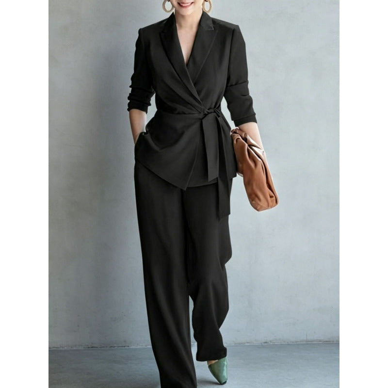 Women's Belted Wrap Blazer & Wide-Leg Trouser Suit