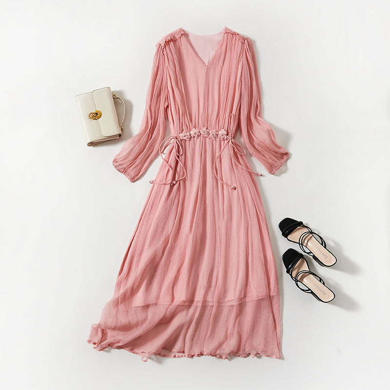 Women's Silk V-Neck Floral Waist Midi Dress
