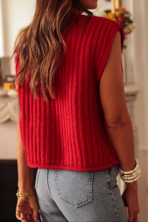 Chunky Ribbed Knit Sweater Vest – Statement Button Detail