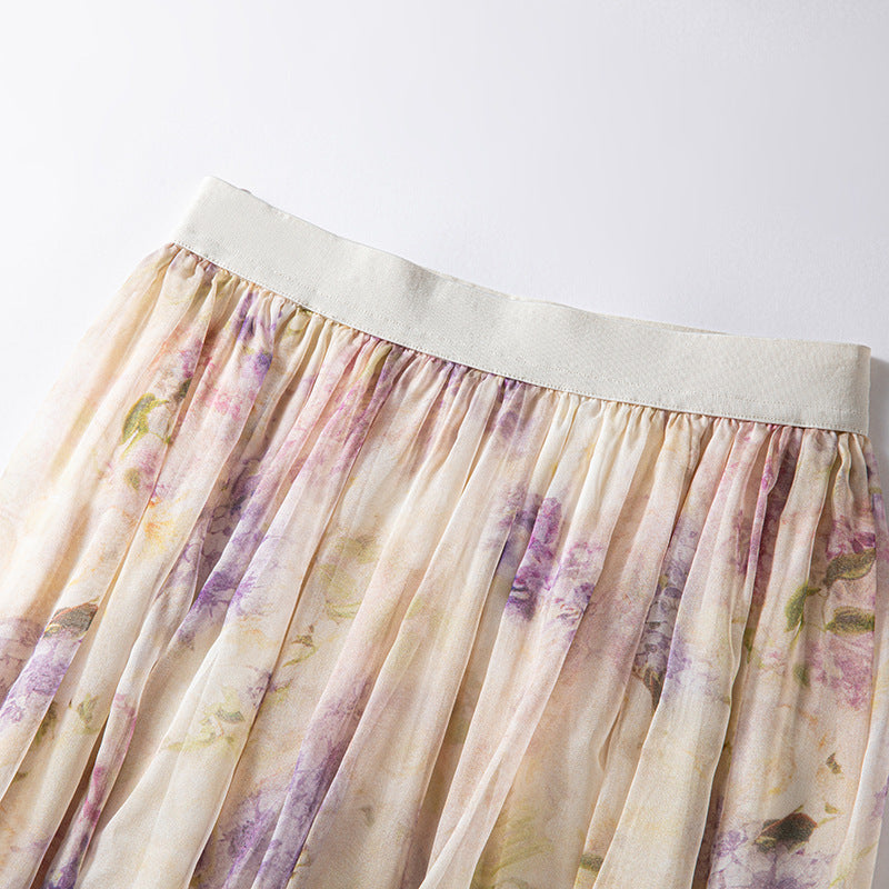Women's High Waist Silk Printed A-Line Maxi Skirt