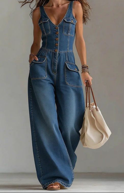 Wide-Leg Denim Jumpsuit — V-Neck Button Front