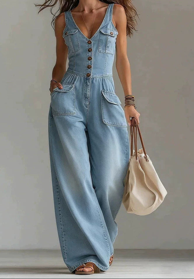 Wide-Leg Denim Jumpsuit — V-Neck Button Front