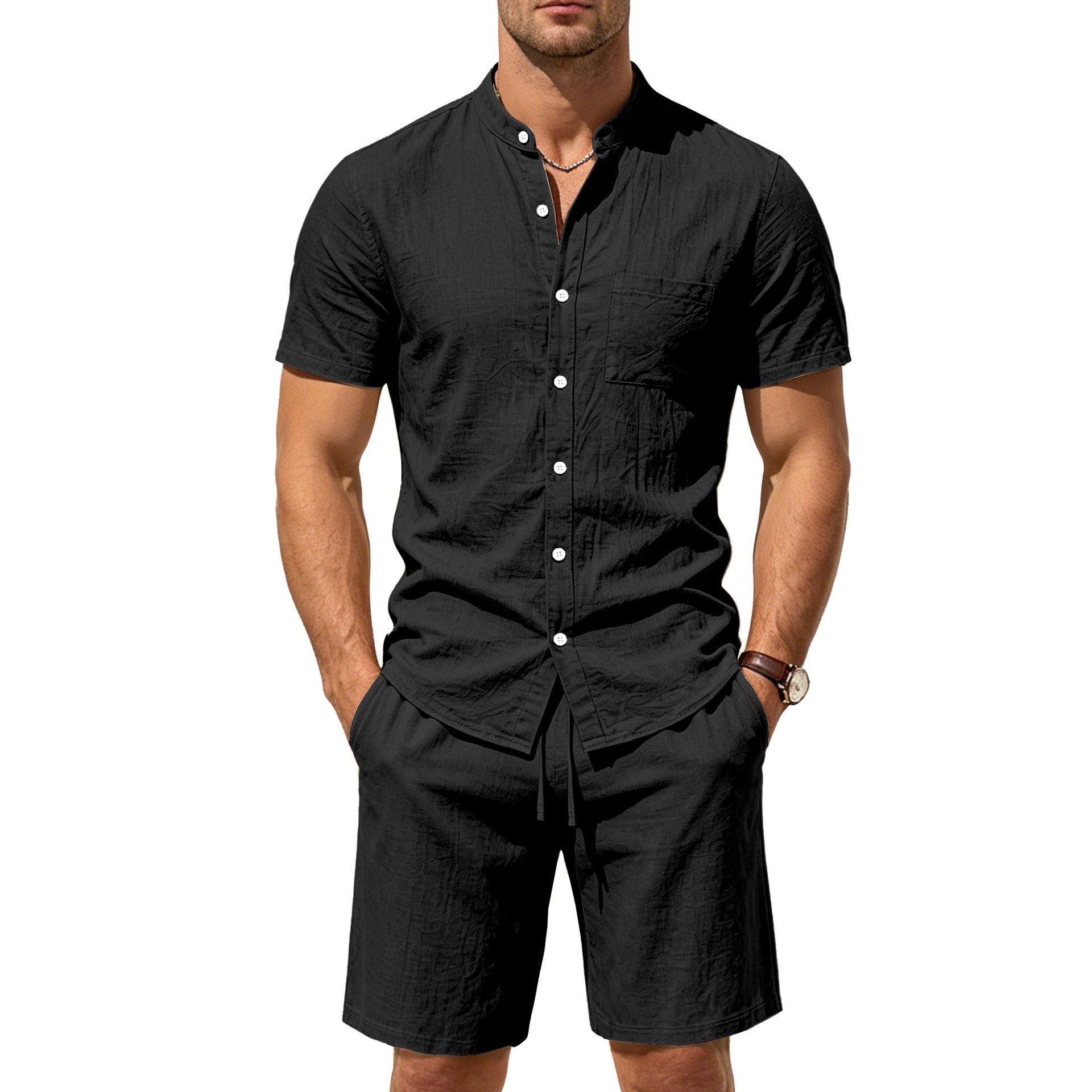 Men's Linen-Look Mandarin Collar Shirt & Shorts Set