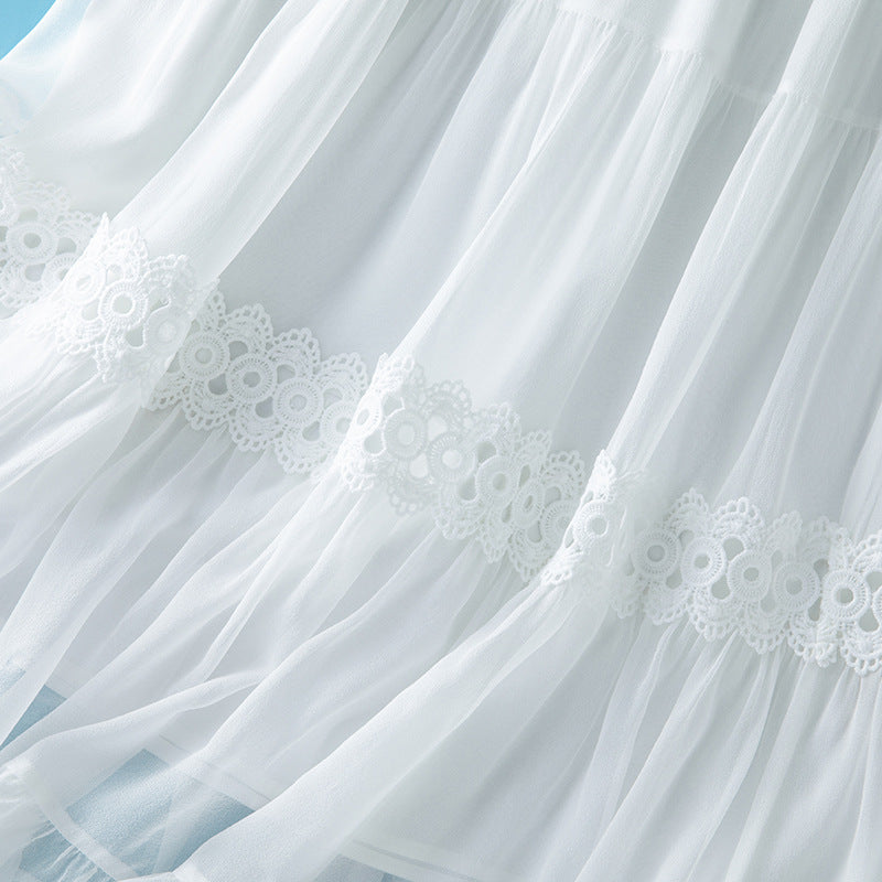 Elegant White Silk & Lace Embroidered Flared Midi Skirt