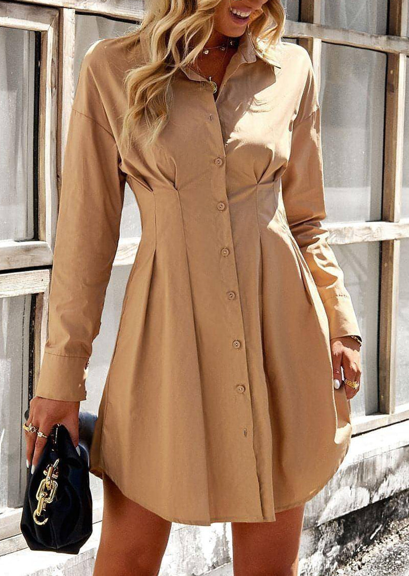 Solid Color Belted Shirt Dress