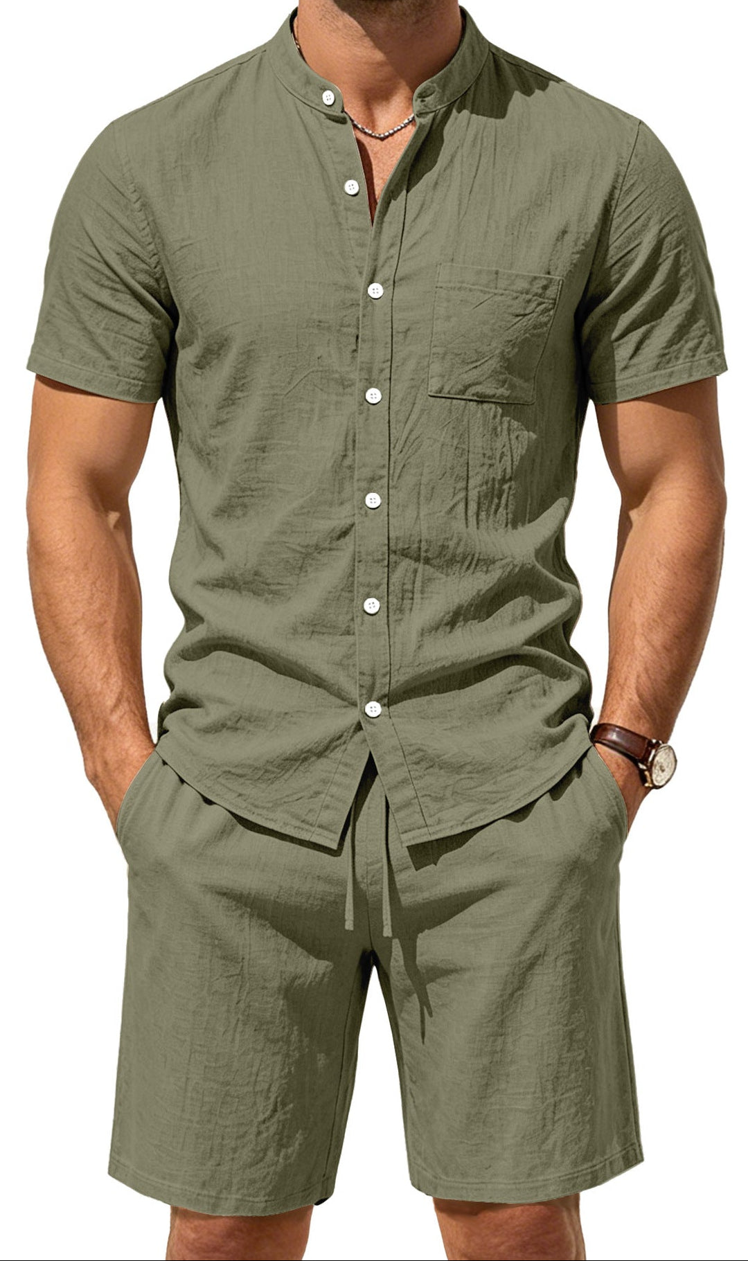 Men's Linen-Look Mandarin Collar Shirt & Shorts Set