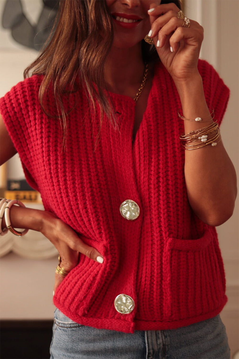 Chunky Ribbed Knit Sweater Vest – Statement Button Detail