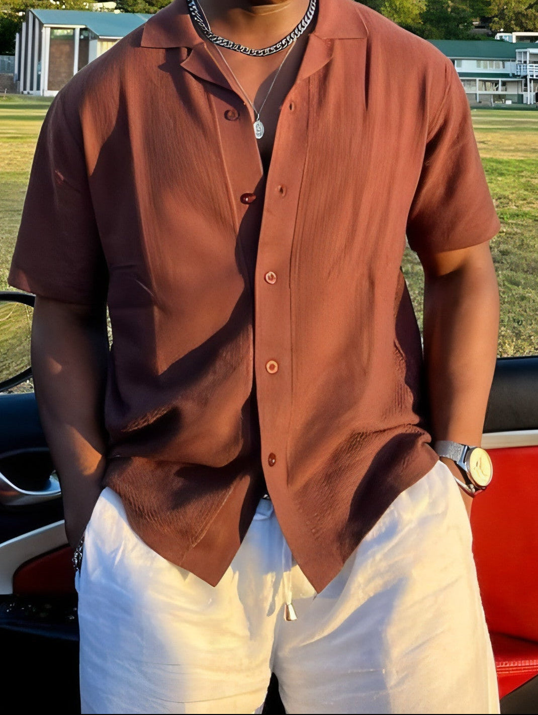 Knit Short-Sleeve Button Shirt – Relaxed Open Collar