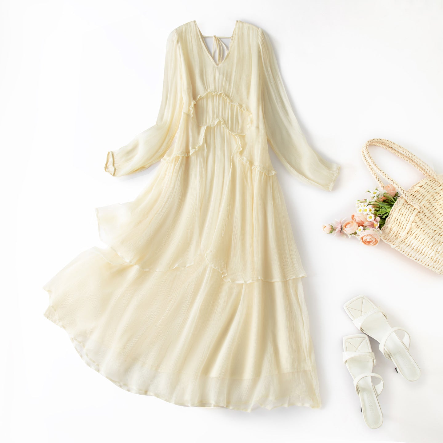 Women's Silk Tiered Ruffle Maxi Dress