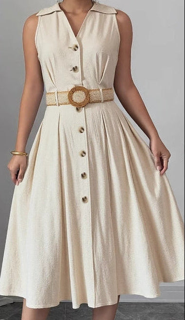 Women's V-Neck Sleeveless Belted A-Line Dress