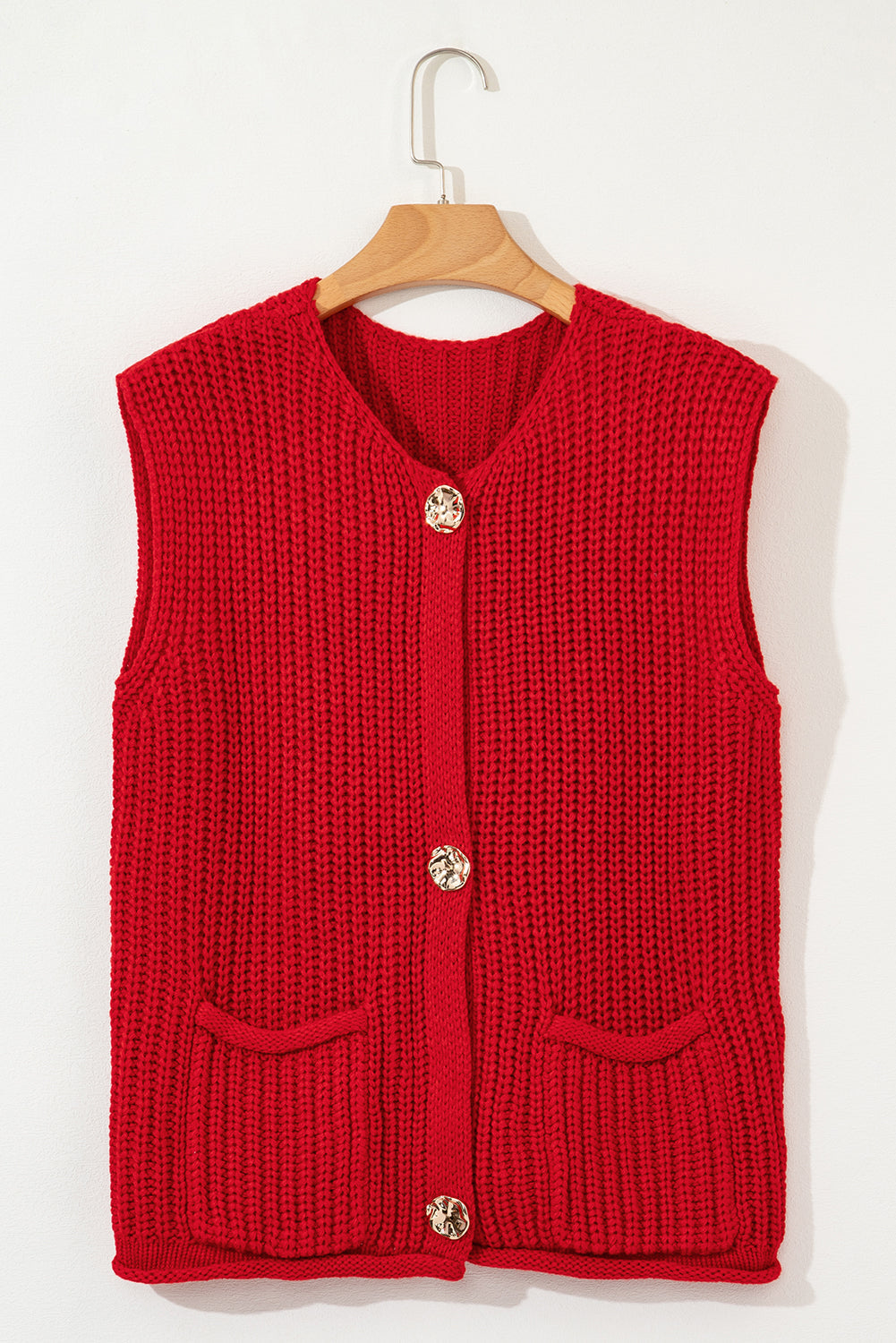 Chunky Ribbed Knit Sweater Vest – Statement Button Detail