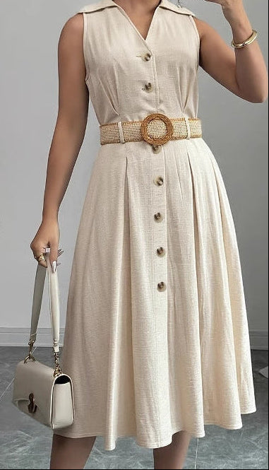 Women's V-Neck Sleeveless Belted A-Line Dress