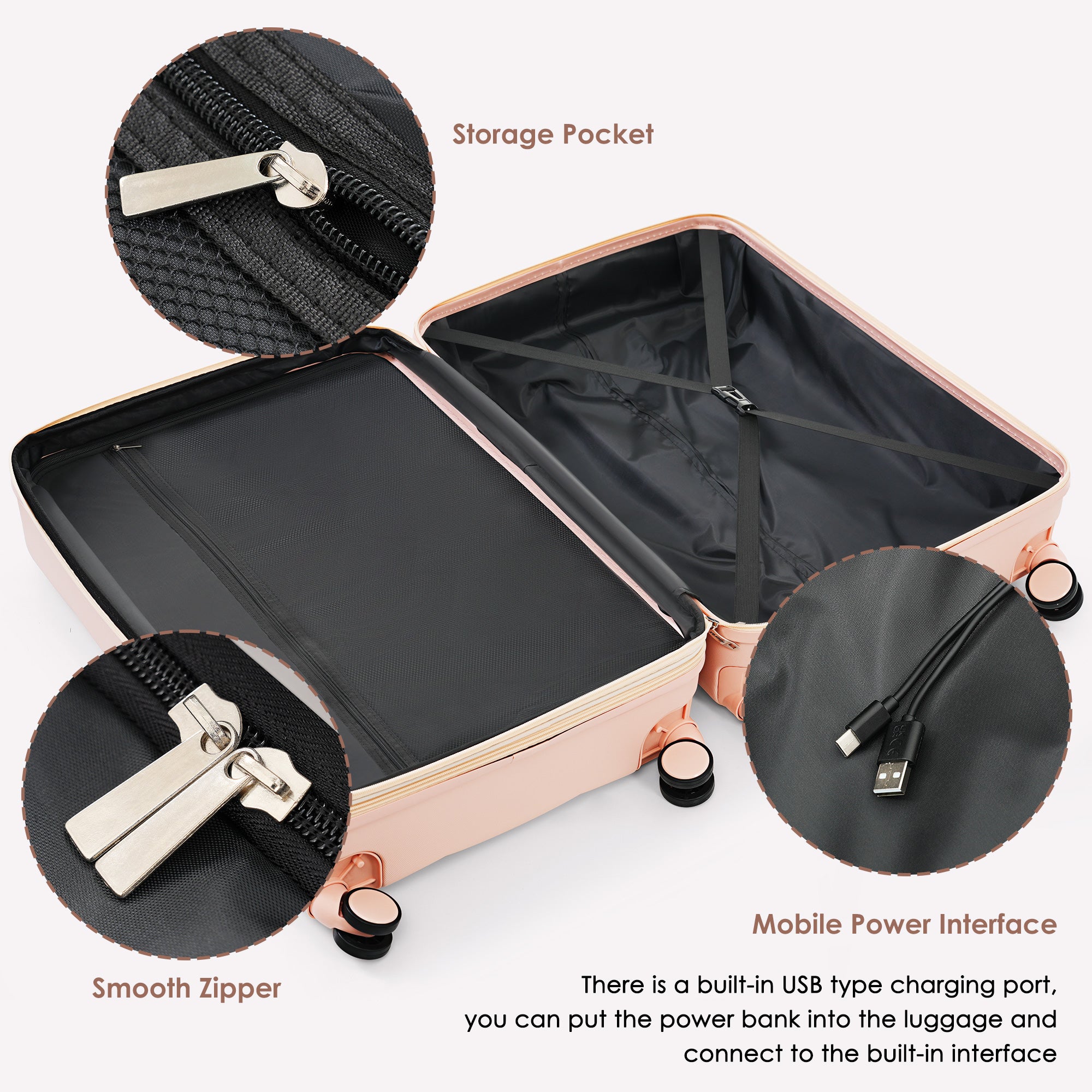 3-Piece Pink ABS Hard Shell Luggage Set with USB Port & Cup Holder