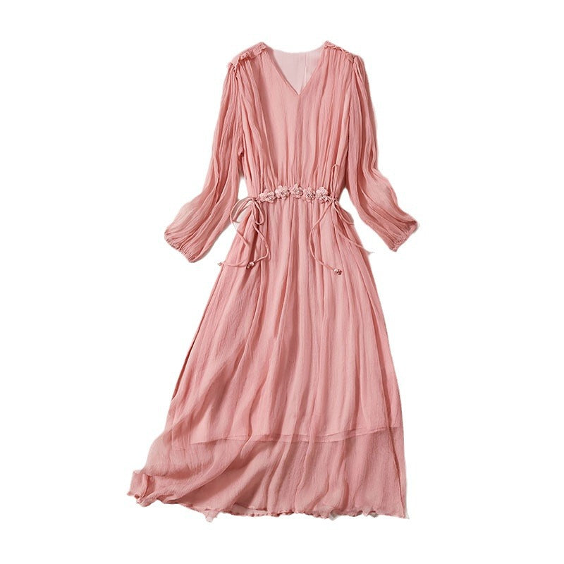 Women's Silk V-Neck Floral Waist Midi Dress
