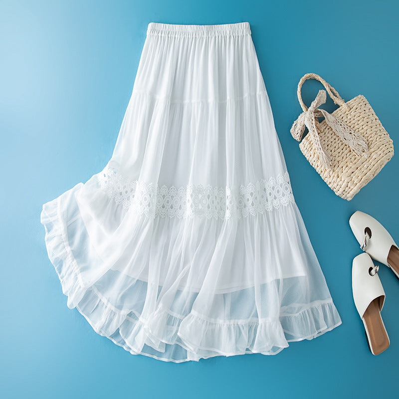 Elegant White Silk & Lace Embroidered Flared Midi Skirt