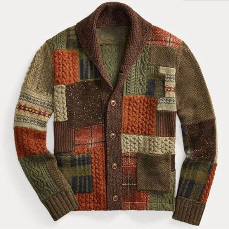 Men's Patchwork Knit Cardigan – Retro Colorblock Sweater Coat