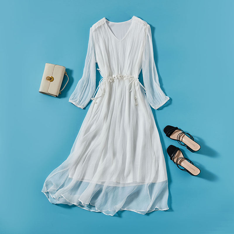 Women's Silk V-Neck Floral Waist Midi Dress