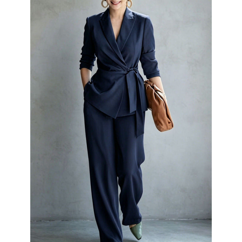 Women's Belted Wrap Blazer & Wide-Leg Trouser Suit