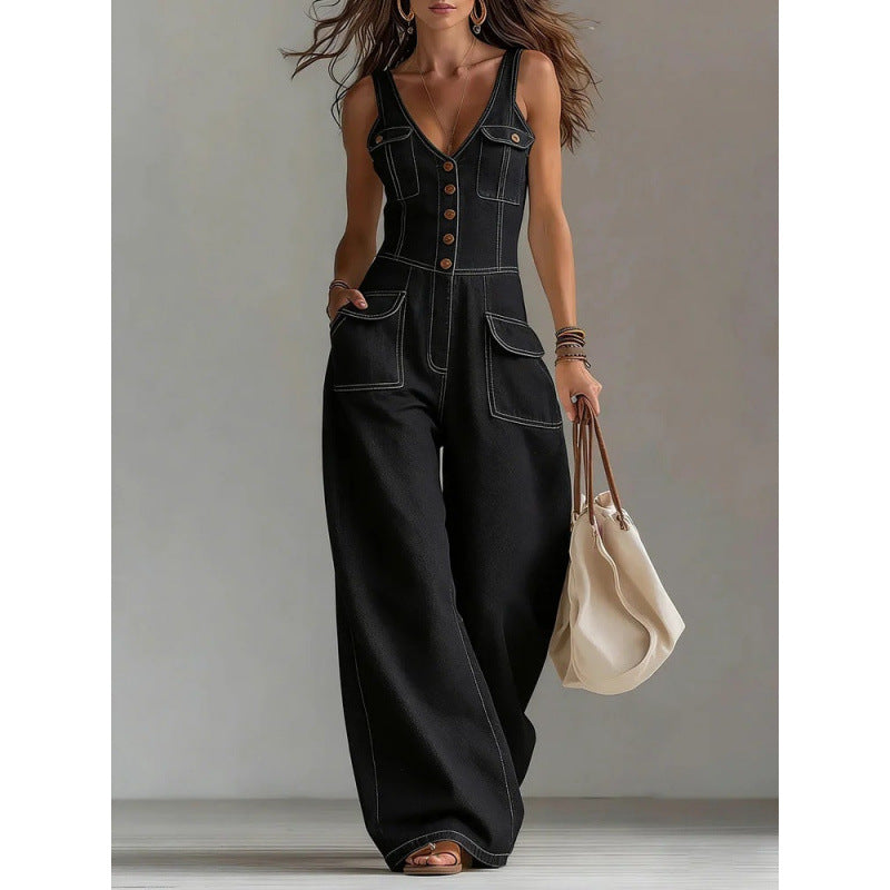 Wide-Leg Denim Jumpsuit — V-Neck Button Front