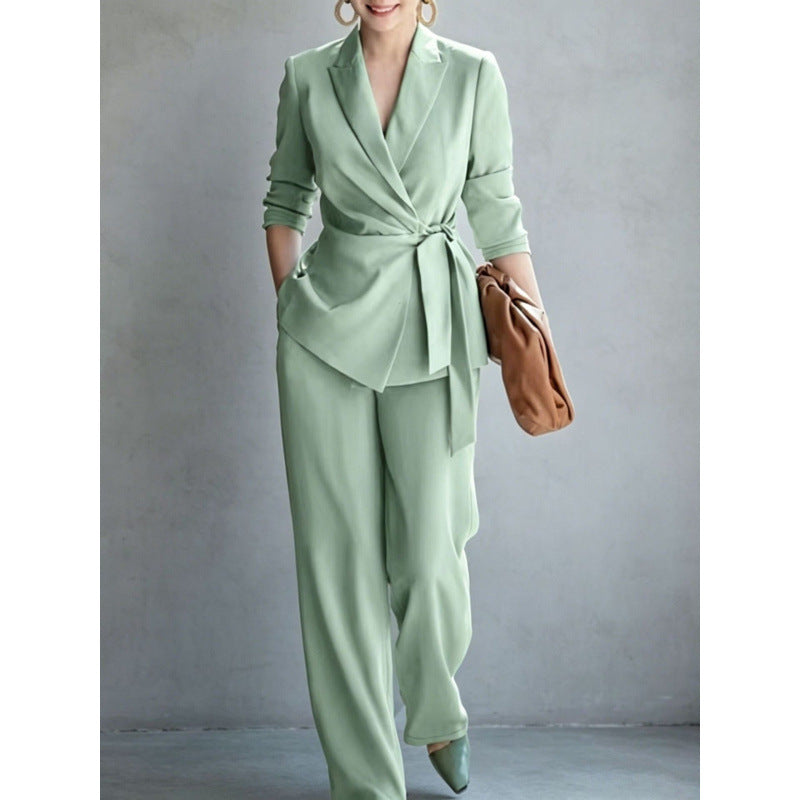 Women's Belted Wrap Blazer & Wide-Leg Trouser Suit