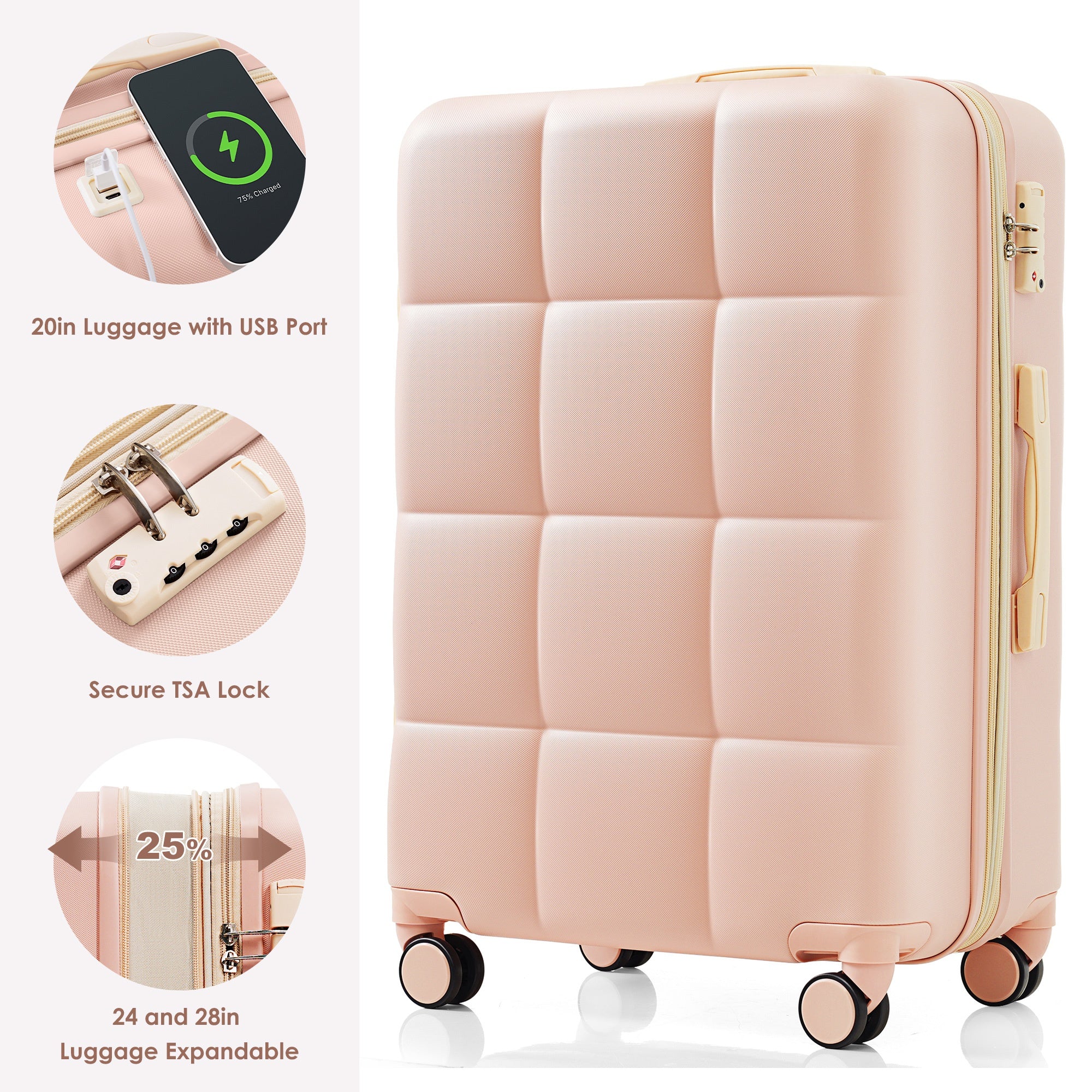 3-Piece Pink ABS Hard Shell Luggage Set with USB Port & Cup Holder