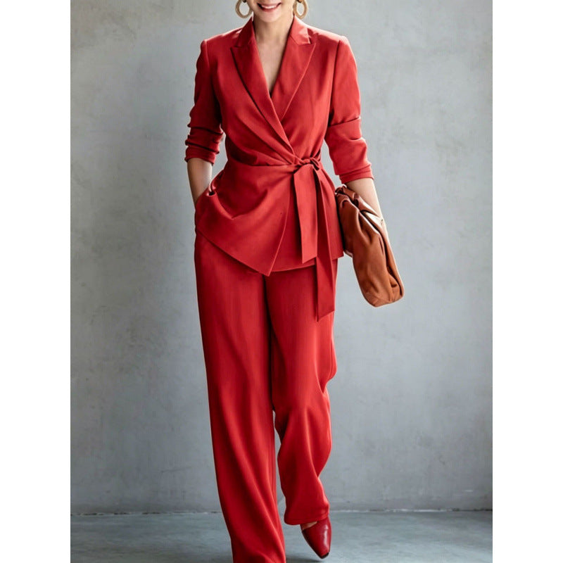 Women's Belted Wrap Blazer & Wide-Leg Trouser Suit