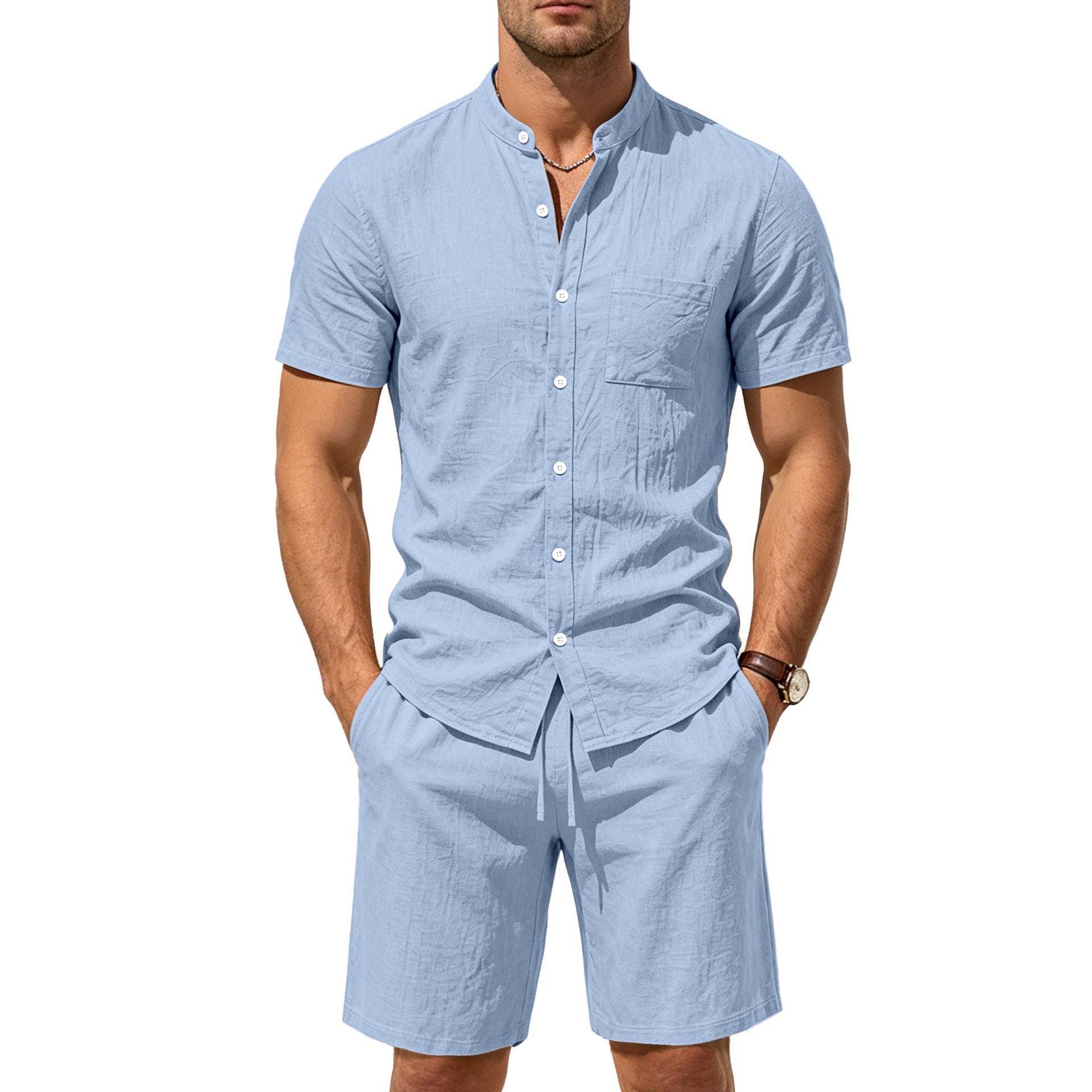 Men's Linen-Look Mandarin Collar Shirt & Shorts Set