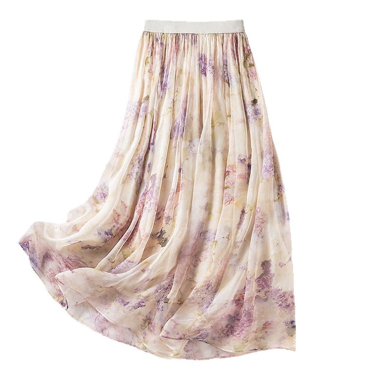 Women's High Waist Silk Printed A-Line Maxi Skirt