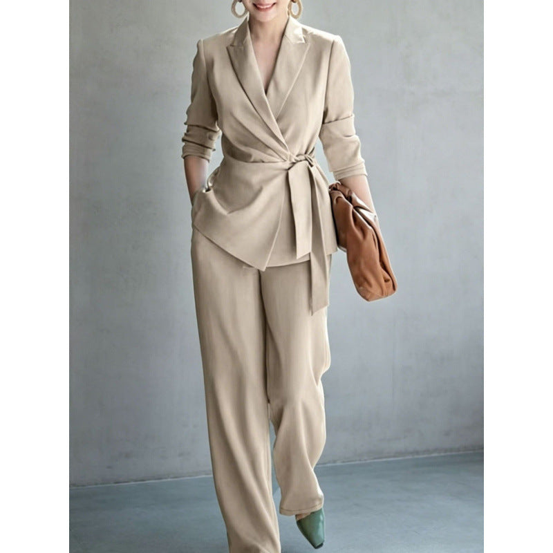 Women's Belted Wrap Blazer & Wide-Leg Trouser Suit