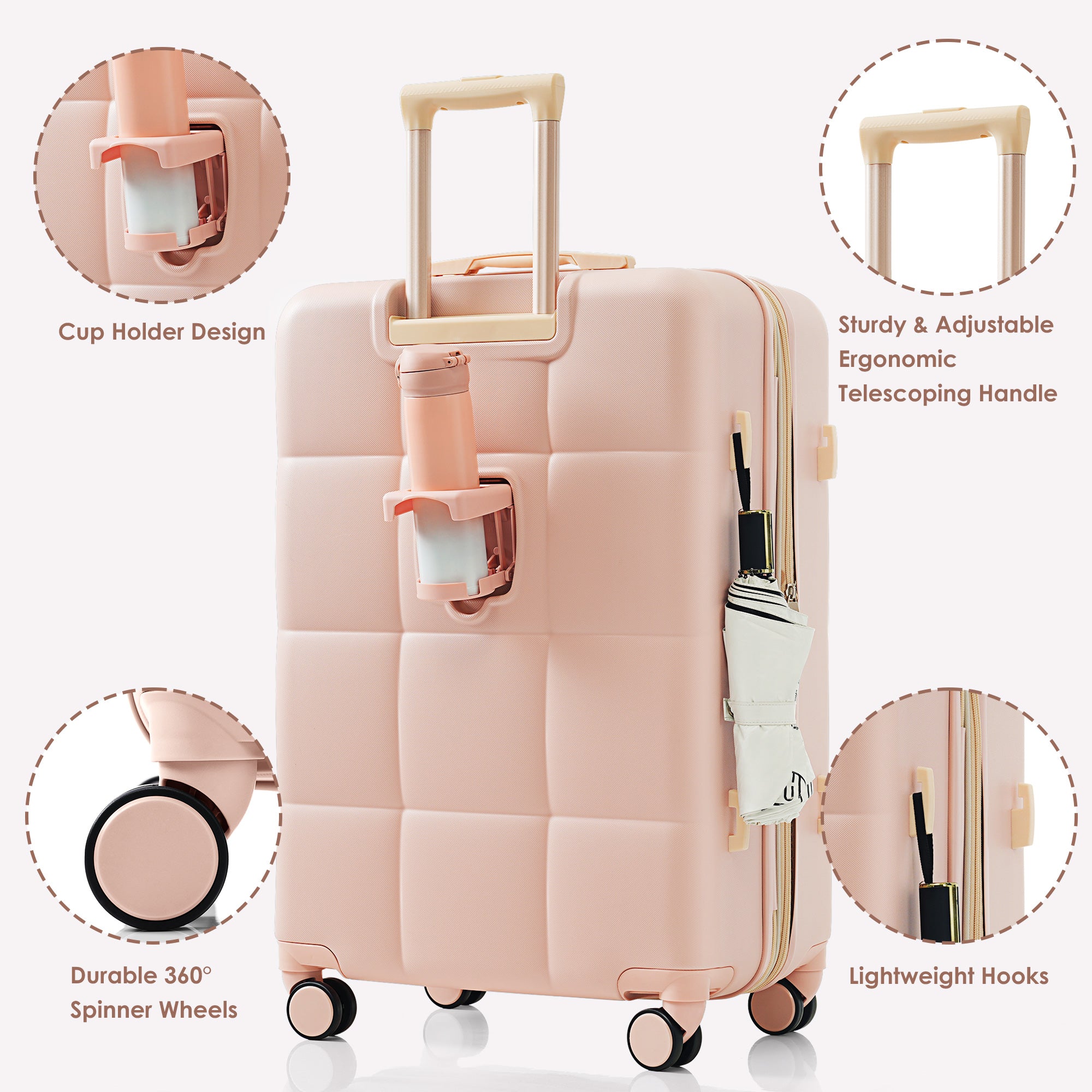 3-Piece Pink ABS Hard Shell Luggage Set with USB Port & Cup Holder