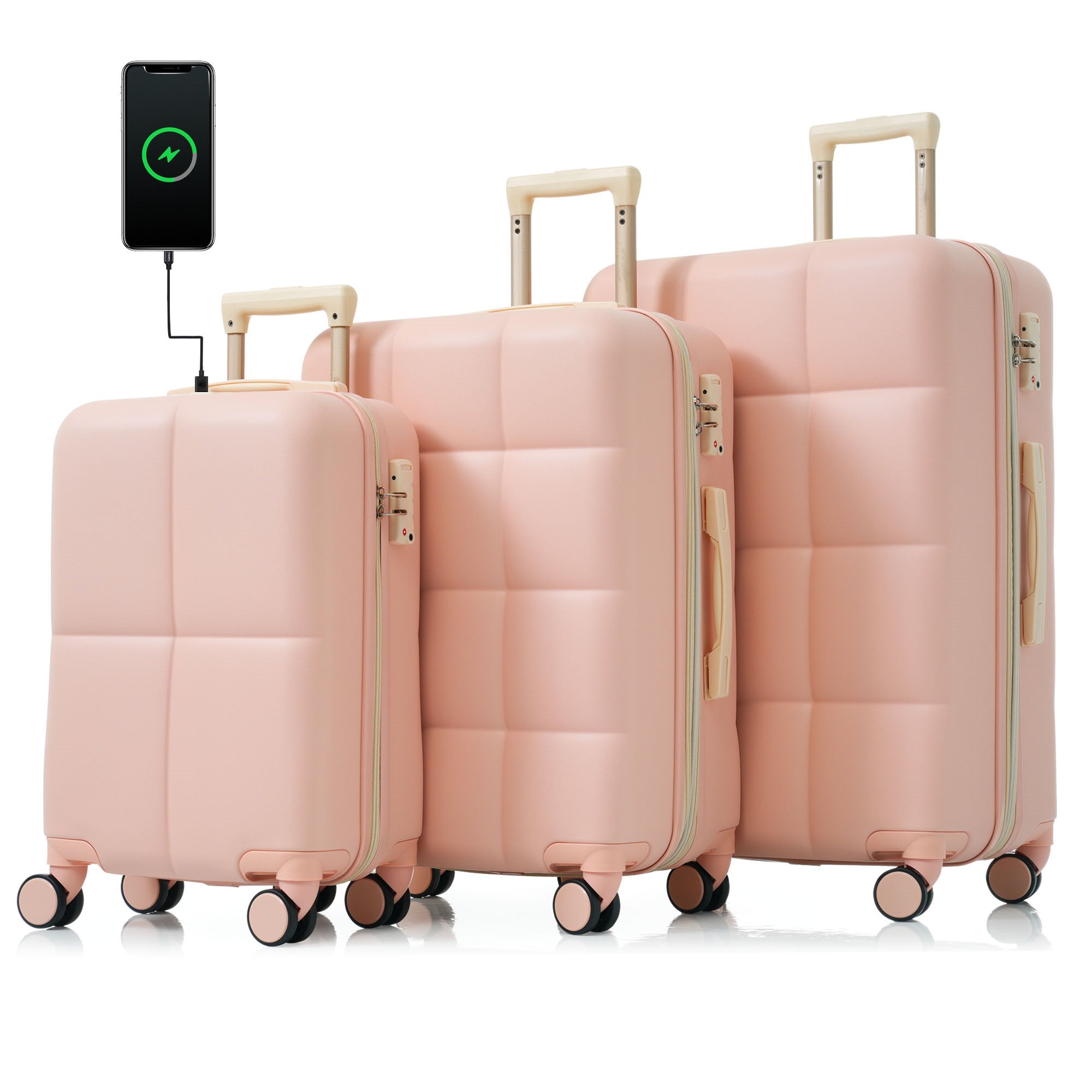 3-Piece Pink ABS Hard Shell Luggage Set with USB Port & Cup Holder