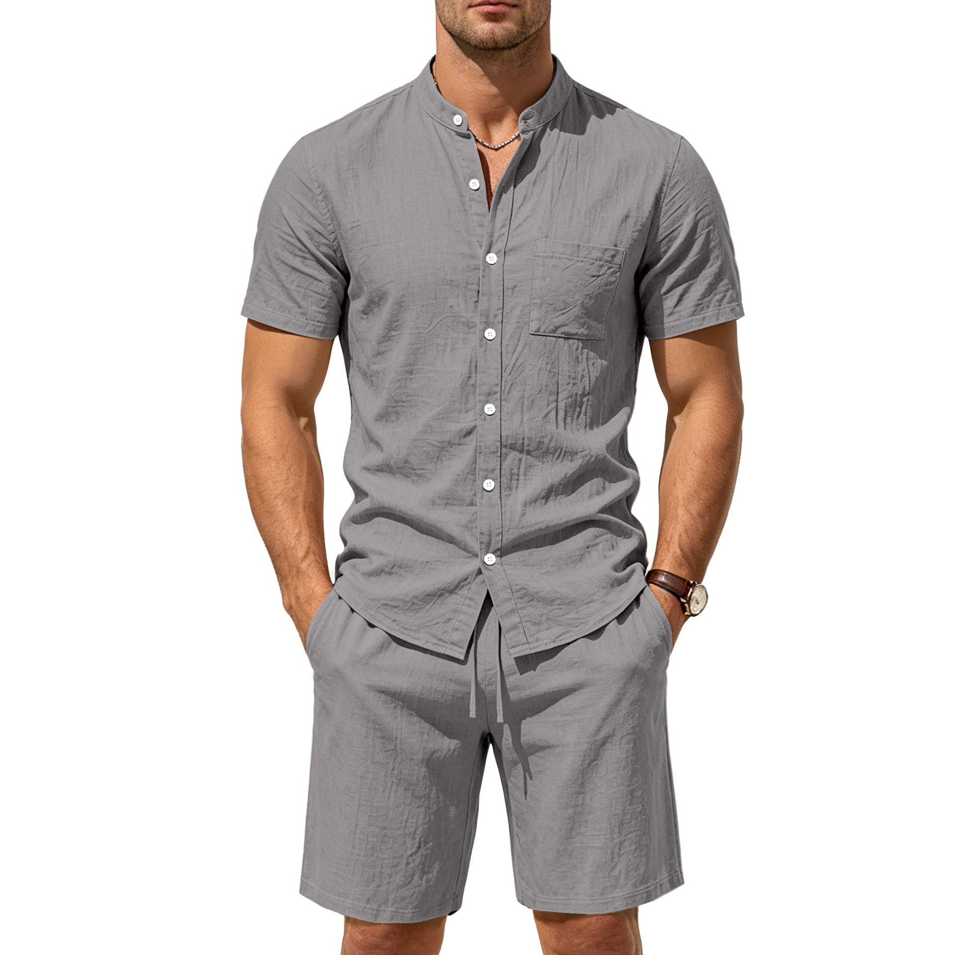 Men's Linen-Look Mandarin Collar Shirt & Shorts Set