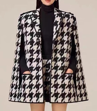 Houndstooth Woolen Cape Coat & Shorts Set