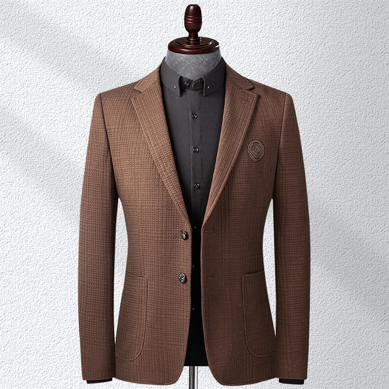 Men's Embroidered Textured Blazer – Smart Casual Plaid Weave