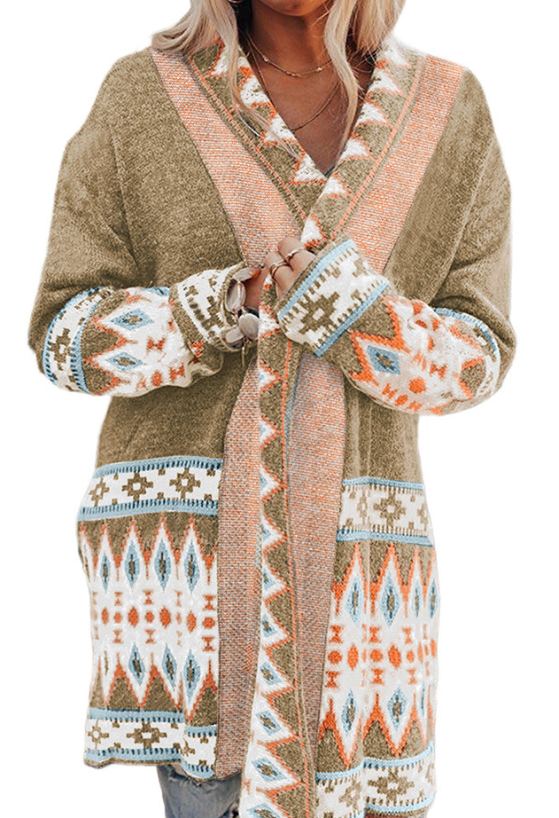 Aztec Print Longline Cardigan – Boho Knit Coat