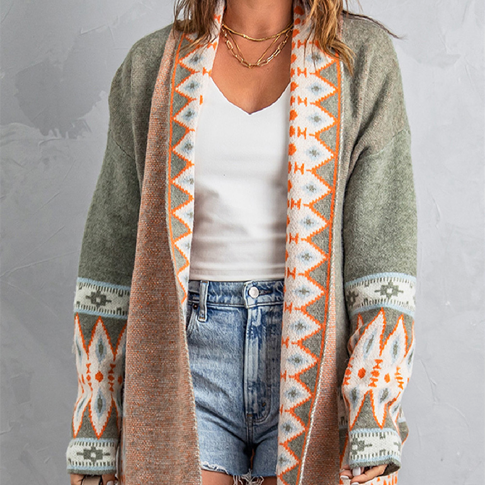 Aztec Print Longline Cardigan – Boho Knit Coat