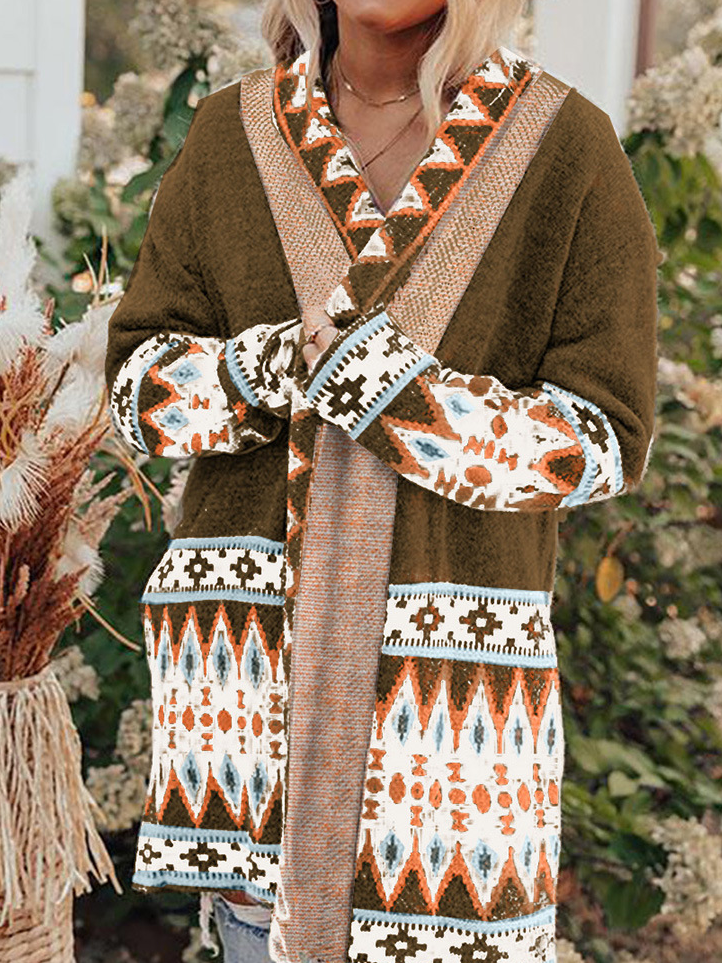 Aztec Print Longline Cardigan – Boho Knit Coat