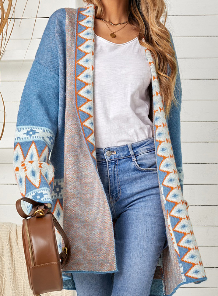 Aztec Print Longline Cardigan – Boho Knit Coat