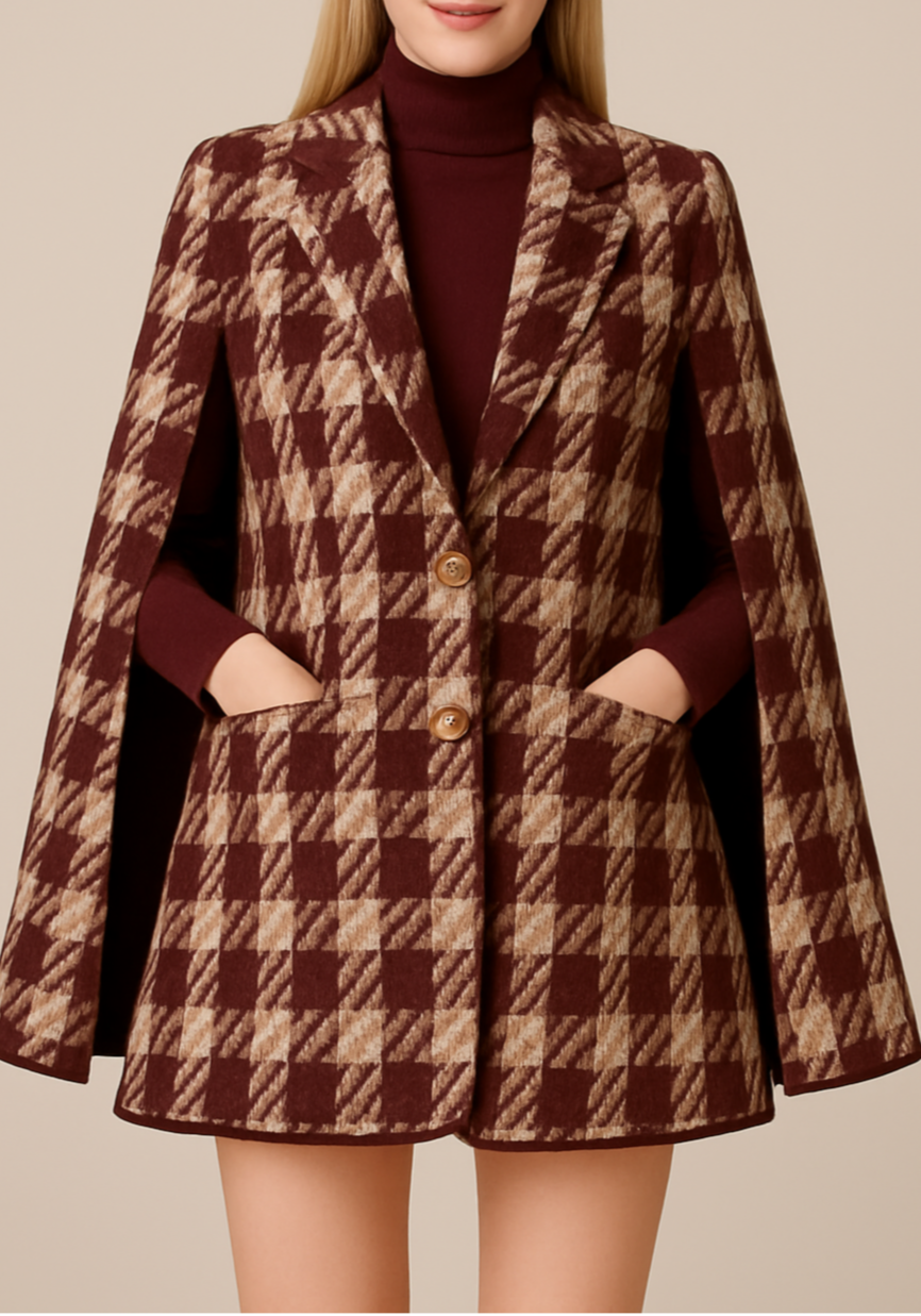 Houndstooth Woolen Cape Coat & Shorts Set
