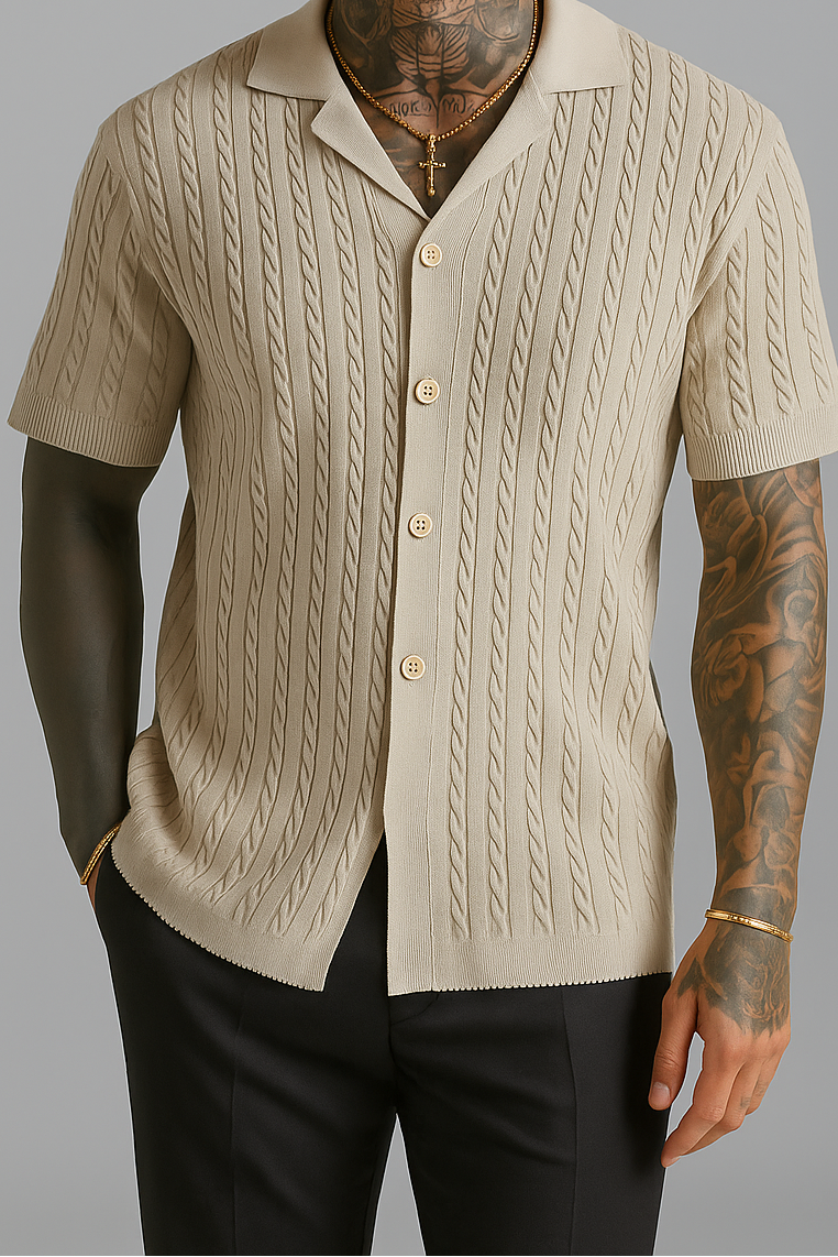 Cable Knit Short-Sleeve Shirt – Camp Collar Button-Up