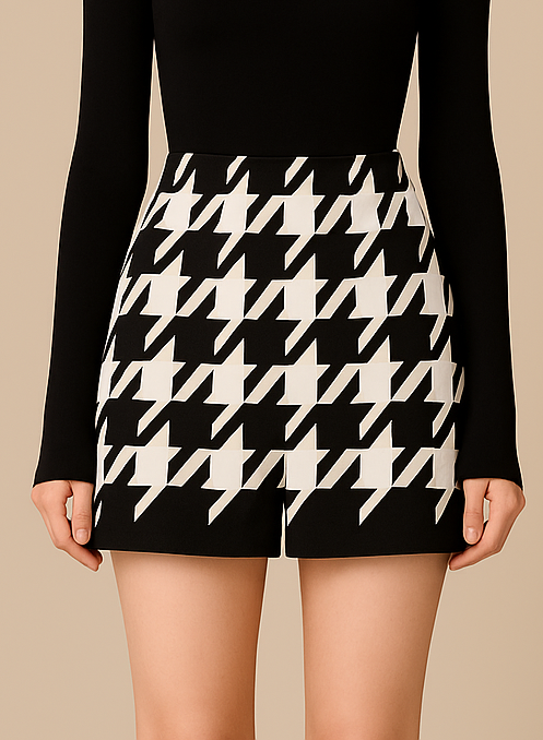 Houndstooth Woolen Cape Coat & Shorts Set