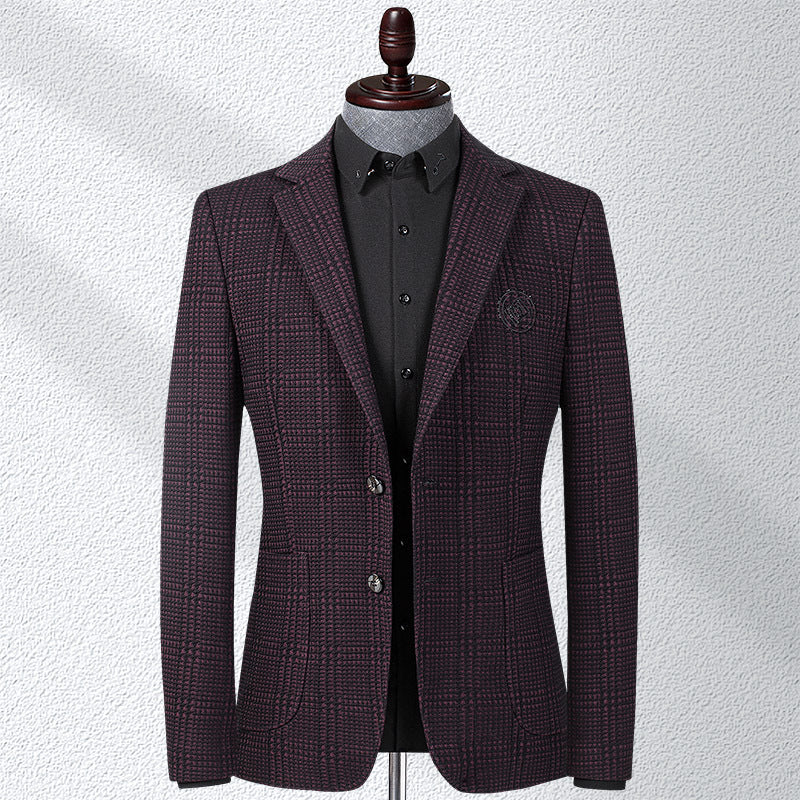 Men's Embroidered Textured Blazer – Smart Casual Plaid Weave
